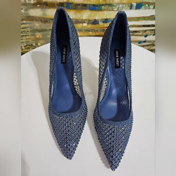 Nine West Freshe Denim Rhinestone Mesh Stiletto Pumps New Size 10 - Picture 13 of 16
